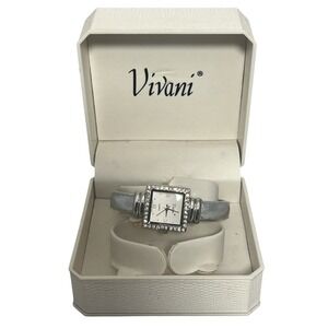 Vivani Women's Silver-Tone Rhinestone Square Dial Quartz Bangle Cuff Watch New